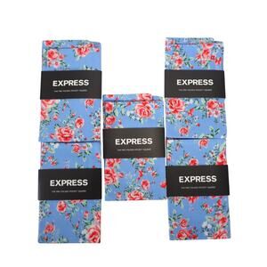 Express 5-Piece Floral Pocket Square Set Roses on Blue • NWT • 100% Cotton